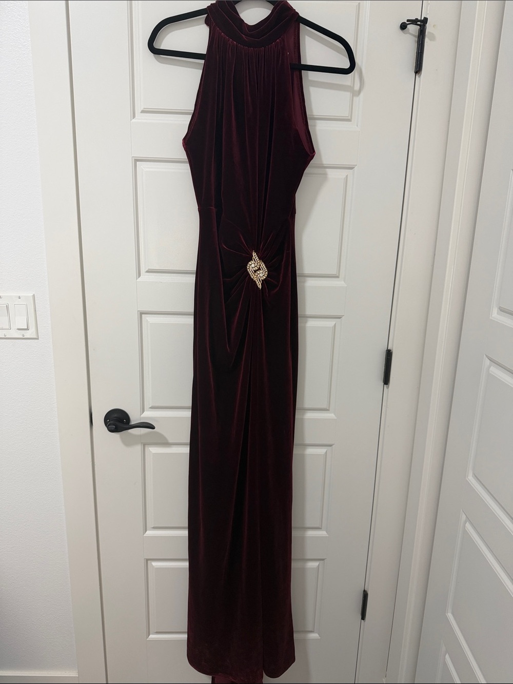 Halter Velvet Maxi Dress with Jeweled Waist in Burgundy